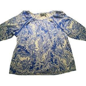 Susan Graver Weekend Blue White Paisley‎ Lace Trim Top Plus Size 2X Boho Knit